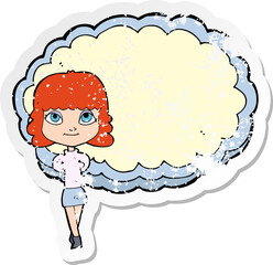 retro distressed sticker of a cartoon woman in front of cloud