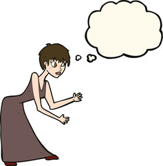 cartoon woman in dress gesturing with thought bubble