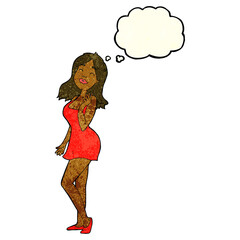 cartoon pretty woman in cocktail dress with thought bubble