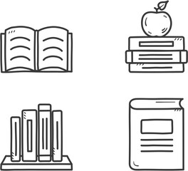 Books icons, hand drawn doodle style, open and closed books