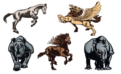 Naklejka premium Graphical set of Chinese dragon with wings and horse body, horses and rhinos isolated on white background,vector color illustration ,tattoo and printing design