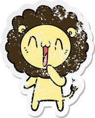 distressed sticker of a happy cartoon lion