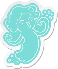 cartoon sticker of a happy pink ghost