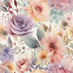 Seamless Elegant Watercolor Pattern of Floral Motifs
