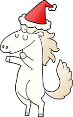 gradient cartoon of a horse wearing santa hat