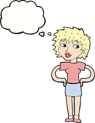 cartoon woman with hands on hips with thought bubble