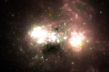 Red clouds of stardust in black space. Abstract fractal 3D rendering