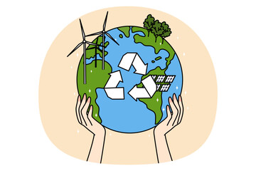 Person hands hold earth globe with recycle sign in middle. Concept of natural resources protection and land conservation. Nature and environment smart use and preservation. Vector illustration.