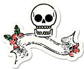 grunge sticker with banner of a skull