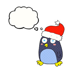 thought bubble cartoon penguin in christmas hat