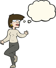 cartoon woman waving with thought bubble