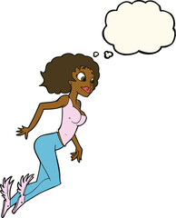 cartoon flying woman with thought bubble