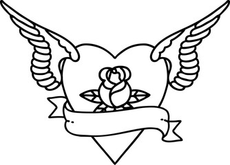 black line tattoo of a heart with wings a rose and banner