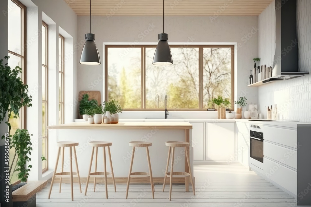 Wall mural Kitchen interior with wooden floor and white walls