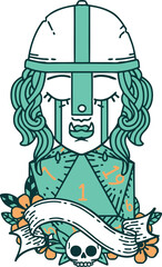 crying orc fighter character face with natural one D20 roll illustration