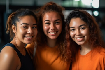 Fototapeta premium three female friends, young woman or teenager in row, happy joyful smile, fitness or gym or yoga, sports together in group. Generative AI