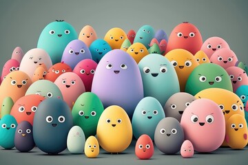 Easter eggs with funny faces on grey background