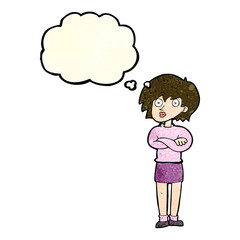 cartoon woman wit crossed arms with thought bubble