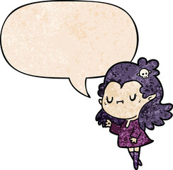 cute cartoon vampire girl and speech bubble in retro texture style
