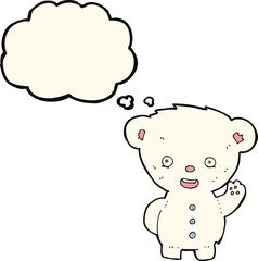 cartoon waving polar bear cub with thought bubble