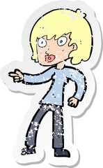 retro distressed sticker of a cartoon woman pointing
