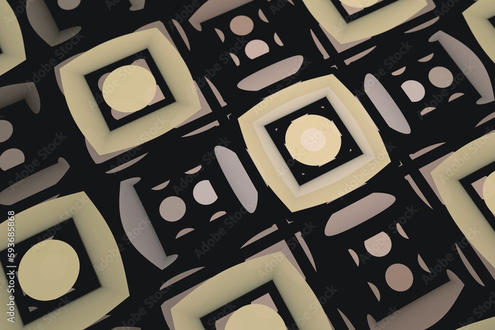 Aufkleber yellow gray pattern of crooked squares on a black background. abstract fractal 3d rendering