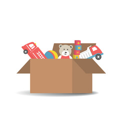 Children's toys in cardboard box. There is teddy bear, trucks, ball, cubes in the picture. Vector illustration