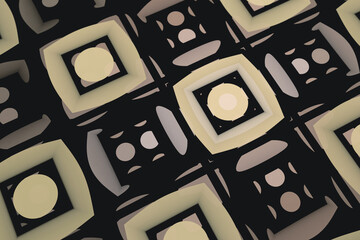 Yellow gray pattern of crooked squares on a black background. Abstract fractal 3D rendering