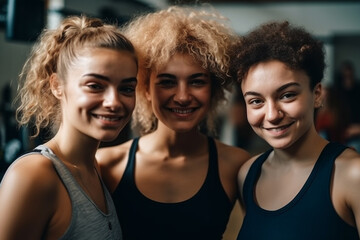 Obraz na płótnie Canvas three female friends, young woman or teenager in row, happy joyful smile, fitness or gym or yoga, sports together in group. Generative AI