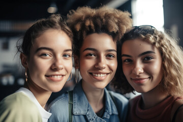 Fototapeta premium three female friends, young woman or teenager in row, happy joyful smile, fitness or gym or yoga, sports together in group. Generative AI
