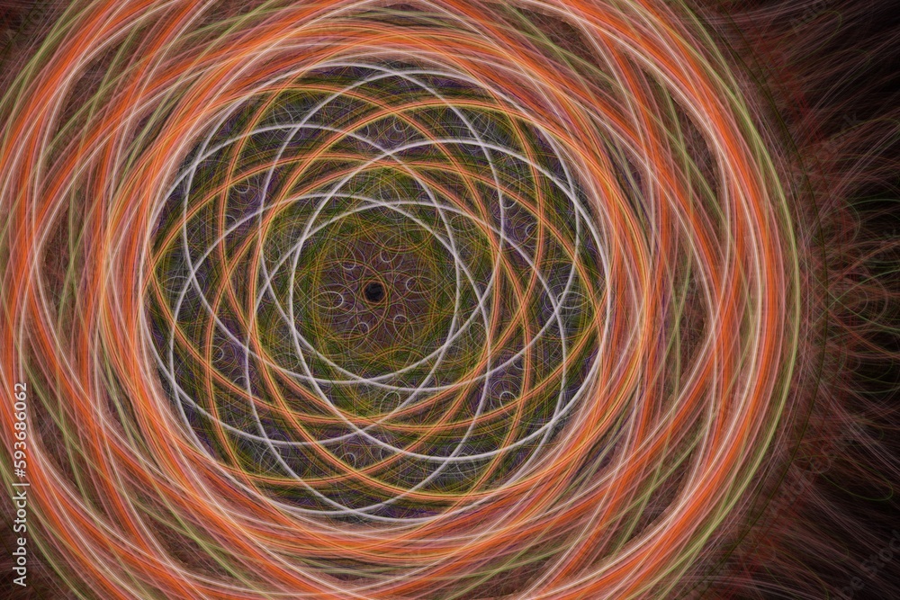Poster orange round pattern of curved waves and lines on a black background. abstract fractal 3d rendering