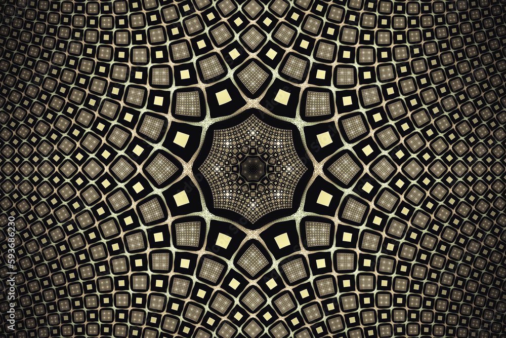 Poster green gray crooked pattern in a cage of squares on a black background. abstract fractal 3d rendering