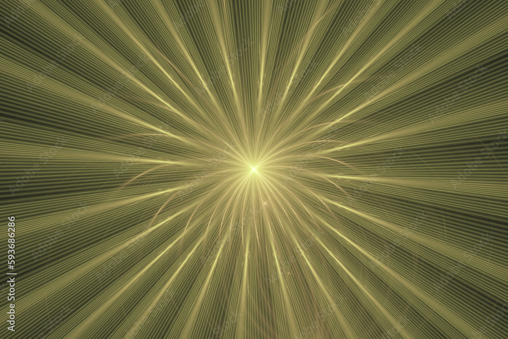 Aufkleber yellow glowing pattern of crooked rays from the center on a black background. abstract fractal 3d re