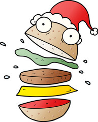 gradient cartoon of a amazing burger wearing santa hat
