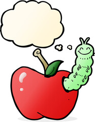 cartoon bug eating apple with thought bubble