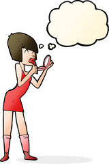cartoon woman applying lipstick with thought bubble