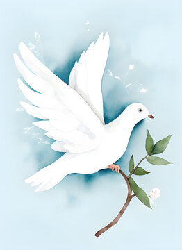 watercolor painted dove of peace with a green branch on a blue background, generative ai
