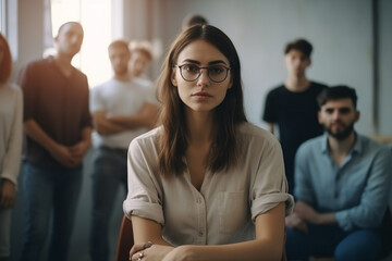 young woman alone in the middle of a seating group, working atmosphere or victim of bullying or accusations or similar fictitious event. Generative AI