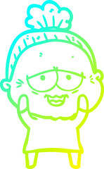 cold gradient line drawing cartoon happy old lady