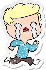 distressed sticker of a cartoon man crying