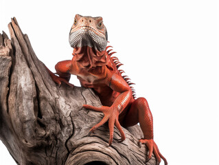 Detailed studio portrait of a red iguana on a tree branch, isolated on a white background, generative ai - obrazy, fototapety, plakaty