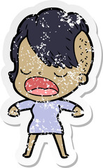 distressed sticker of a cartoon cool hipster girl talking