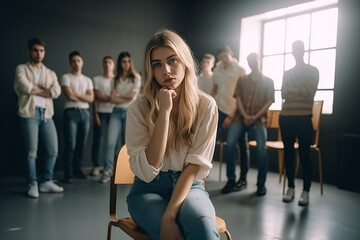 Fototapeta premium young woman alone in the middle of a seating group, working atmosphere or victim of bullying or accusations or similar fictitious event. Generative AI