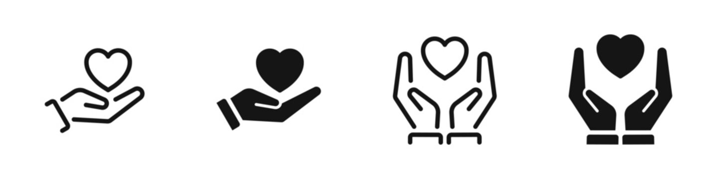  Heart in hand vector icons set. Heart in hands symbols.