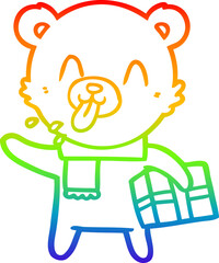 rainbow gradient line drawing rude cartoon bear with present