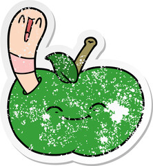 distressed sticker of a cartoon happy worm in an apple