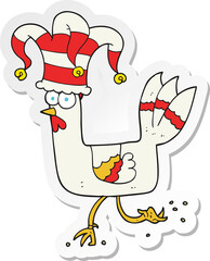sticker of a cartoon chicken running in funny hat