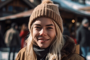 blonde smiling, outdoor winter, fictitious place like mountains or ski resort. Generative AI