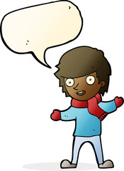 cartoon boy in winter clothes with speech bubble