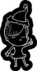 cartoon icon of a squinting girl wearing santa hat